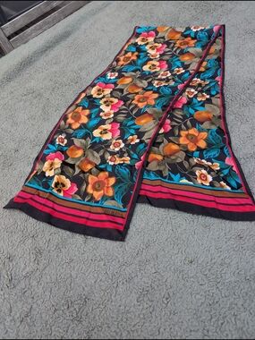 Bill Blass Black Silk Scarf with Orange, Teal & Pink Floral Motif